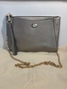 Coach Metallic Silver Leather Crossbody Immid Morgan Clutch pebbled leather